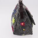 FENDI Floral Mamma Baguette Shoulder Bag Felt Gray Silver Auth 185390SAM-4