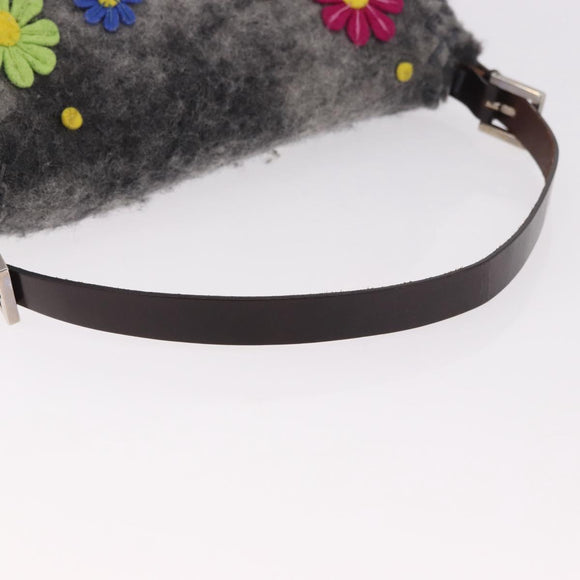 FENDI Floral Mamma Baguette Shoulder Bag Felt Gray Silver Auth 185390SAM