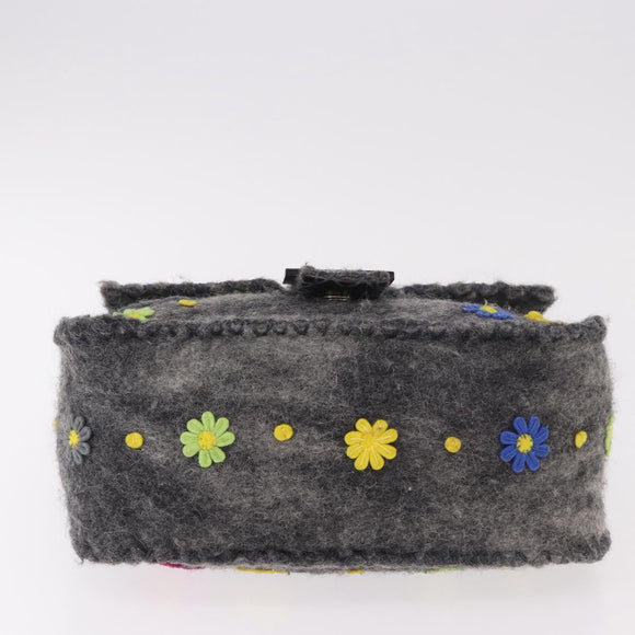 FENDI Floral Mamma Baguette Shoulder Bag Felt Gray Silver Auth 185390SAM