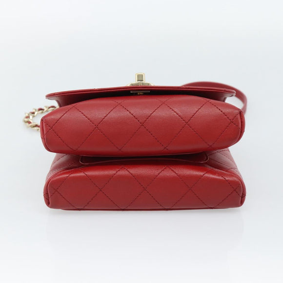 CHANEL Matelasse Chain Shoulder Bag Lamb Skin 2way Red Gold CC Auth 185393SAM