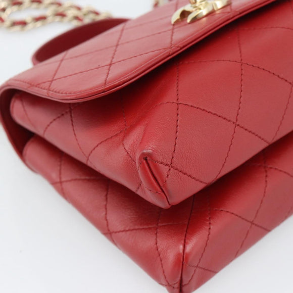 CHANEL Matelasse Chain Shoulder Bag Lamb Skin 2way Red Gold CC Auth 185393SAM