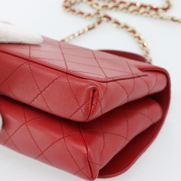 CHANEL Matelasse Chain Shoulder Bag Lamb Skin 2way Red Gold CC Auth 185393SAM