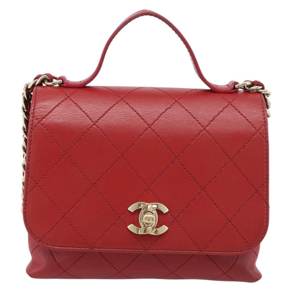 CHANEL Matelasse Chain Shoulder Bag Lamb Skin 2way Red Gold CC Auth 185393SAM