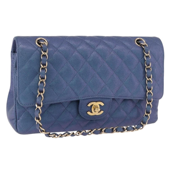 CHANEL Chain Matelasse 25 Umhängetasche Caviar Skin Blau Gold CC Auth 185395SM