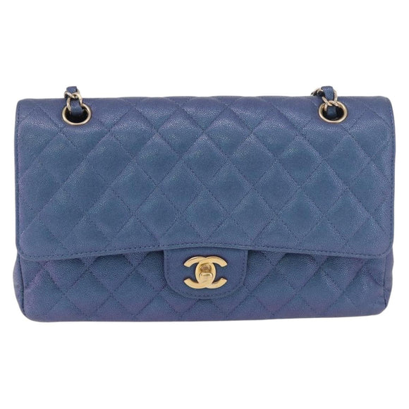 CHANEL Chain Matelasse 25 Shoulder Bag Caviar Skin Blue Gold CC Auth 185395SM