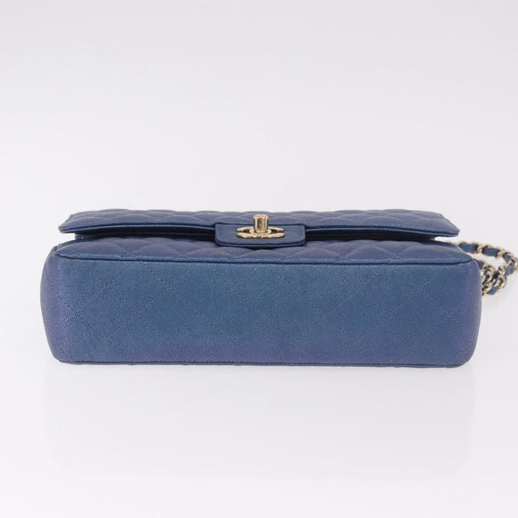CHANEL Chain Matelasse 25 Shoulder Bag Caviar Skin Blue Gold CC Auth 185395SM