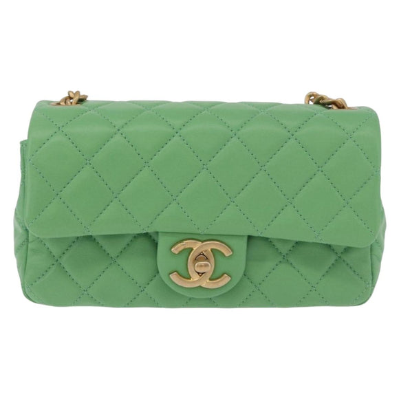 CHANEL Matelasse20 Chain Shoulder Bag Lamb Skin Green Gold CC Auth 185396SM