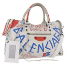 BALENCIAGA Classic Graffiti The City Hand Bag Leather 2way White Auth 185398V-1