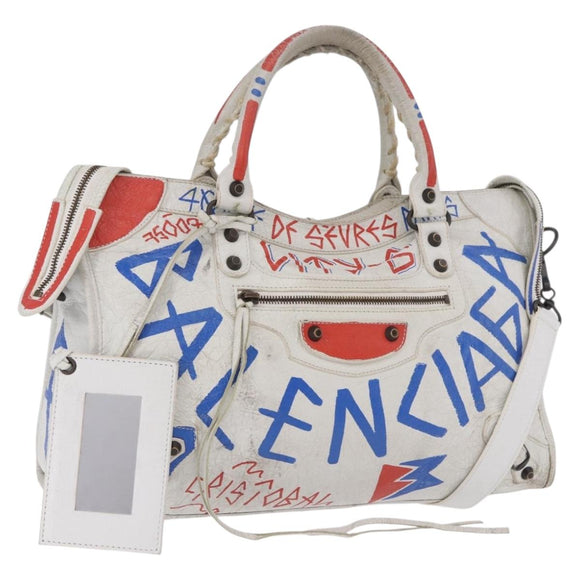 BALENCIAGA Classic Graffiti The City Hand Bag Leather 2way White Auth 185398V