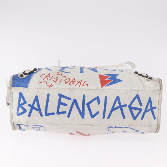 BALENCIAGA Classic Graffiti The City Hand Bag Leather 2way White Auth 185398V