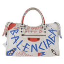 BALENCIAGA Classic Graffiti The City Hand Bag Leather 2way White Auth 185398V-2