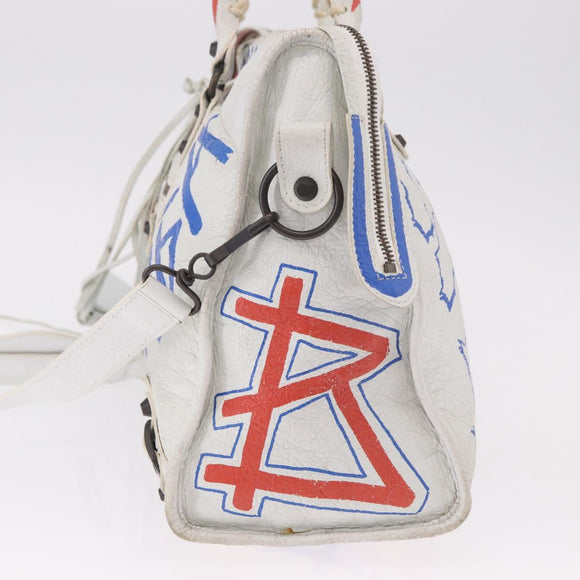 BALENCIAGA Classic Graffiti The City Hand Bag Leather 2way White Auth 185398V