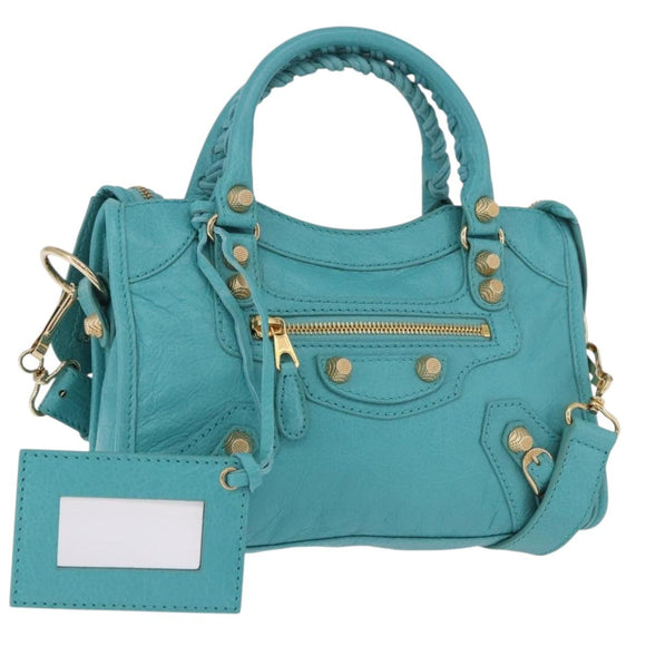 BALENCIAGA Giant Mini City Bag Leather 2way Turquoise Blue 309544 Auth 185402SAM