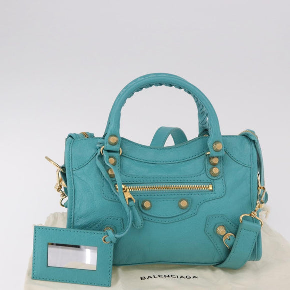 BALENCIAGA Giant Mini City Bag Leather 2way Turquoise Blue 309544 Auth 185402SAM