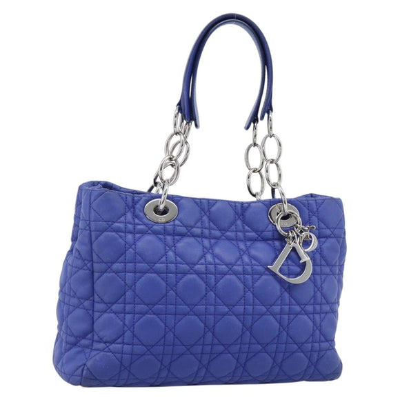 Christian Dior Canage Lady Dior Hand Bag Lamb Skin 2way Blue Silver Auth 185409V