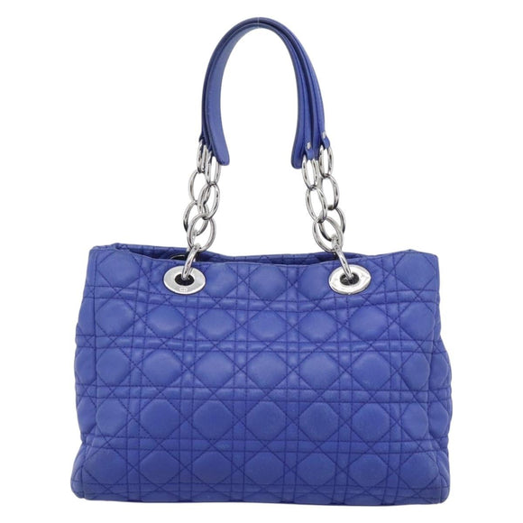 Christian Dior Canage Lady Dior Hand Bag Lamb Skin 2way Blue Silver Auth 185409V