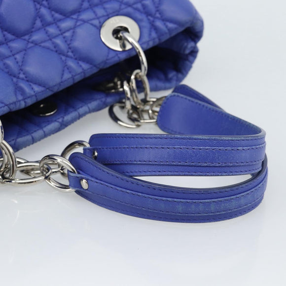 Christian Dior Canage Lady Dior Hand Bag Lamb Skin 2way Blue Silver Auth 185409V
