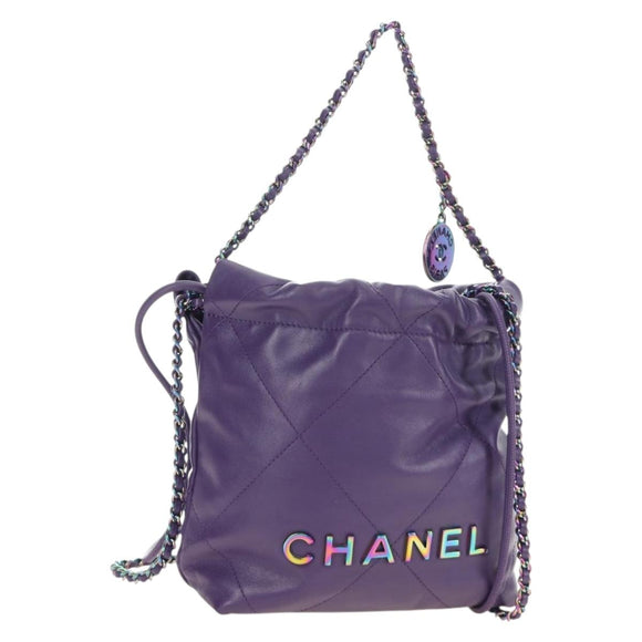 CHANEL Chanel 22 Mini Matelasse Chain Bag Calf Skin 2way Purple CC Auth 185411SM