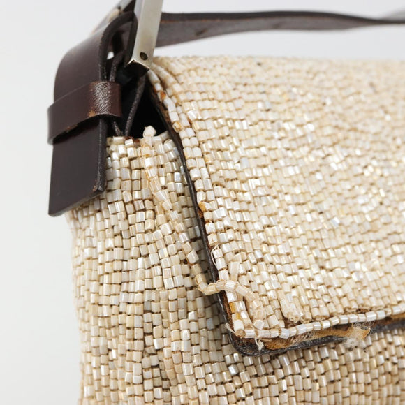 FENDI Mamma Baguette Shoulder Bag Beads Ivory Silver Auth 185413V