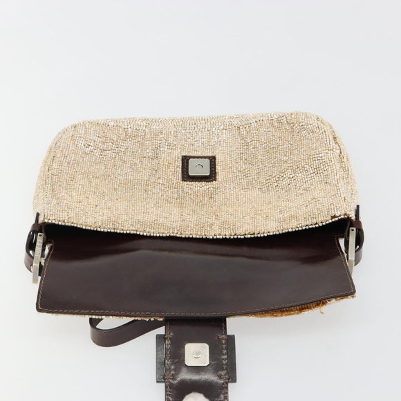 FENDI Mamma Baguette Shoulder Bag Beads Ivory Silver Auth 185413V
