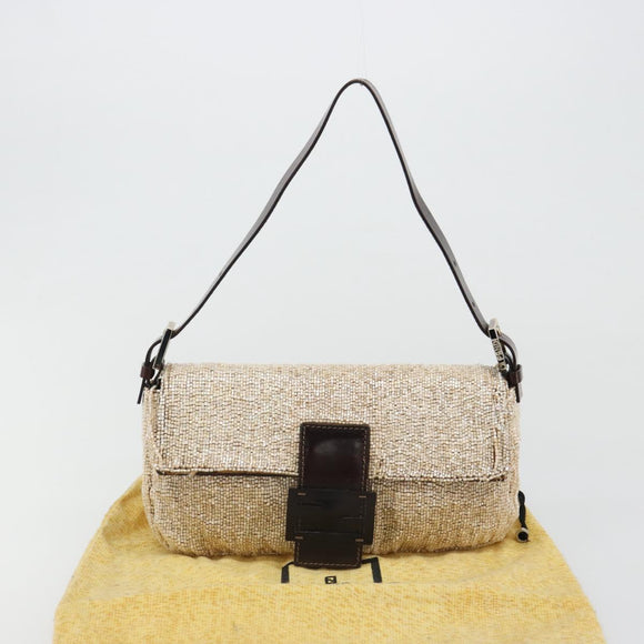 FENDI Mamma Baguette Shoulder Bag Beads Ivory Silver Auth 185413V