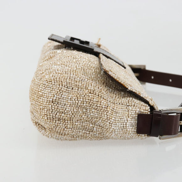 FENDI Mamma Baguette Shoulder Bag Beads Ivory Silver Auth 185413V