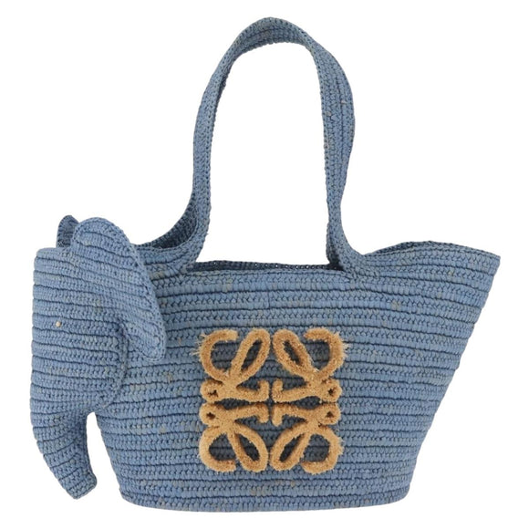 LOEWE Elephant Motif Hand Bag Raffia Light Blue Auth 185419SAM