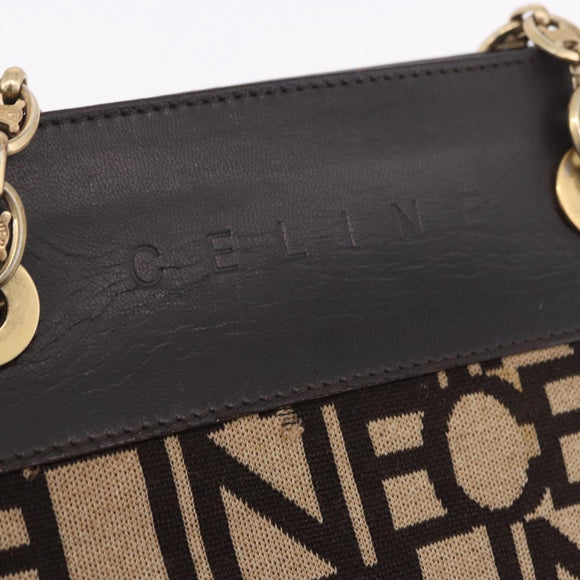 CELINE Chain Shoulder Bag Knitted Fabrics Beige Gold Auth 185422A