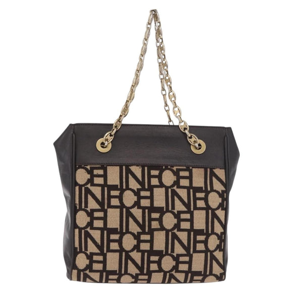 CELINE Chain Shoulder Bag Knitted Fabrics Beige Gold Auth 185422A