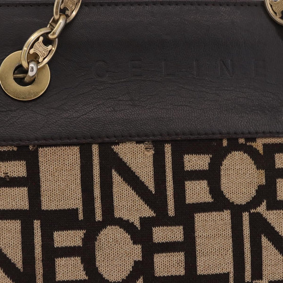 CELINE Chain Shoulder Bag Knitted Fabrics Beige Gold Auth 185422A