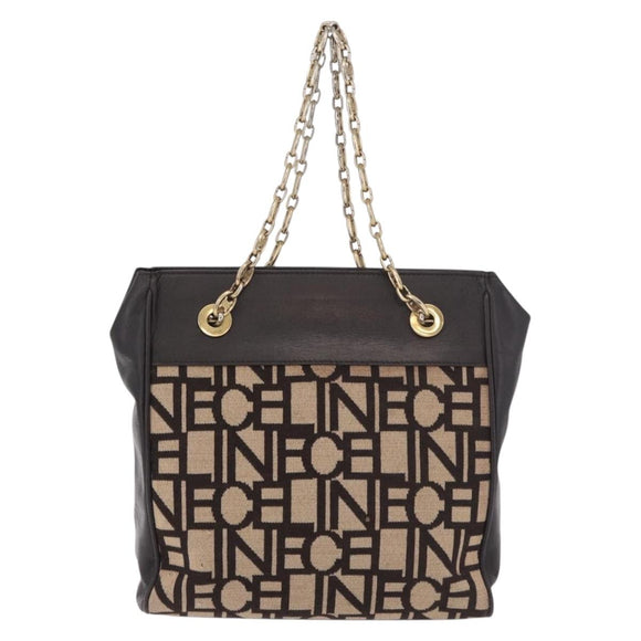 CELINE Chain Shoulder Bag Knitted Fabrics Beige Gold Auth 185422A