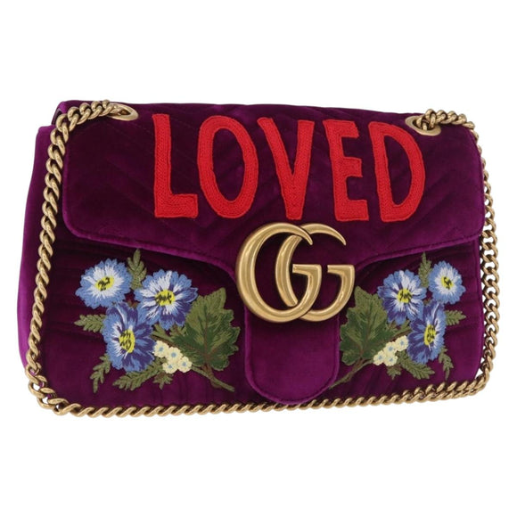 GUCCI GG Marmont Chain Shoulder Bag Velor Purple Gold 443496 Auth 185426M