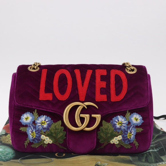 GUCCI GG Marmont Chain Shoulder Bag Velor Purple Gold 443496 Auth 185426M