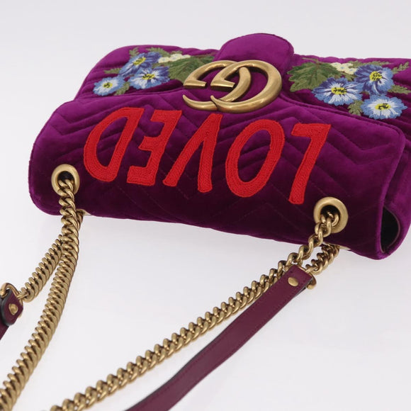 GUCCI GG Marmont Chain Shoulder Bag Velor Purple Gold 443496 Auth 185426M