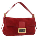 FENDI Mamma Baguette Shoulder Bag Suede Red Gold Auth 185429A-1