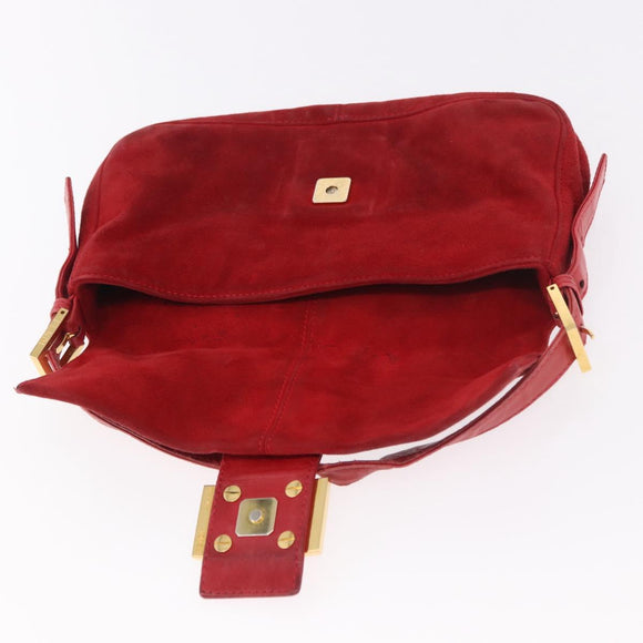 FENDI Mamma Baguette Shoulder Bag Suede Red Gold Auth 185429A