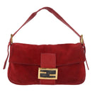 FENDI Mamma Baguette Shoulder Bag Suede Red Gold Auth 185429A-13