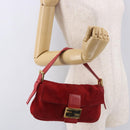 FENDI Mamma Baguette Shoulder Bag Suede Red Gold Auth 185429A-26