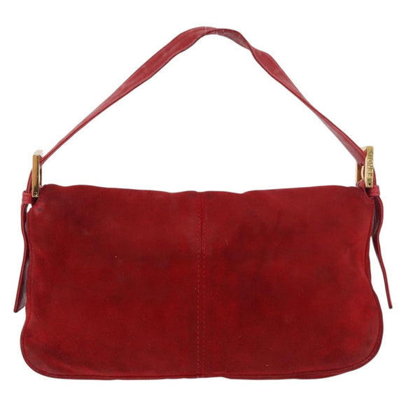 FENDI Mamma Baguette Shoulder Bag Suede Red Gold Auth 185429A