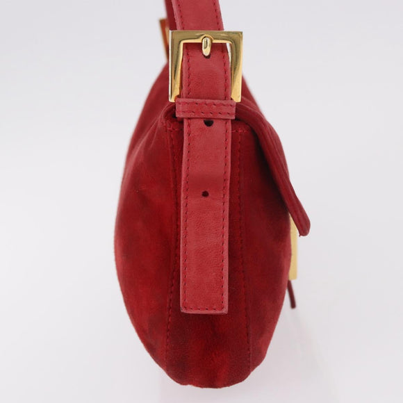 FENDI Mamma Baguette Shoulder Bag Suede Red Gold Auth 185429A