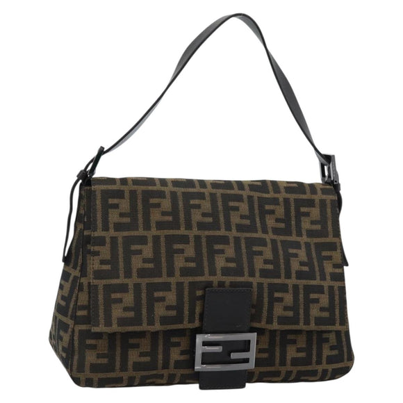 FENDI Zucca Canvas Mamma Baguette Shoulder Bag Black Brown Auth 185432V