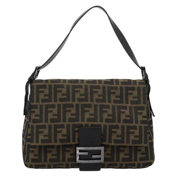 FENDI Zucca Canvas Mamma Baguette Shoulder Bag Black Brown Auth 185432V