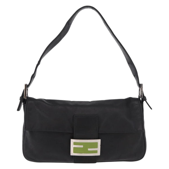 FENDI Mamma Baguette Shoulder Bag Leather Black Silver Auth 185435SAV