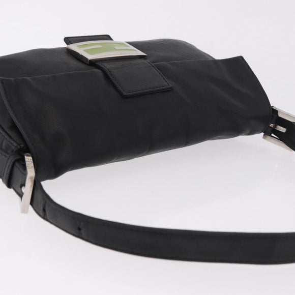 FENDI Mamma Baguette Shoulder Bag Leather Black Silver Auth 185435SAV