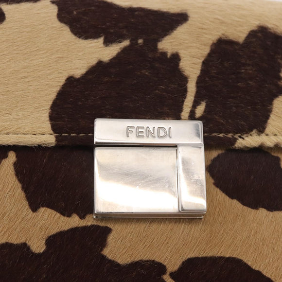 FENDI Shoulder Bag Harako Leather Beige Silver Auth 185436V