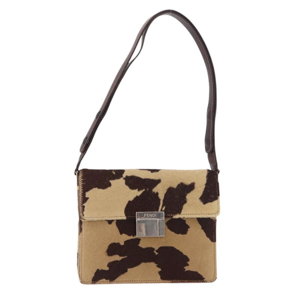 FENDI Shoulder Bag Harako Leather Beige Silver Auth 185436V
