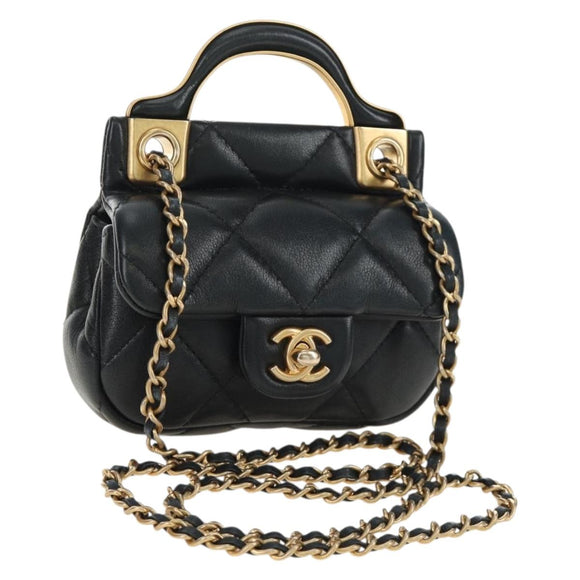CHANEL Matelasse Chain Shoulder Pouch Lamb Skin 2way Black CC Auth 185439SAM