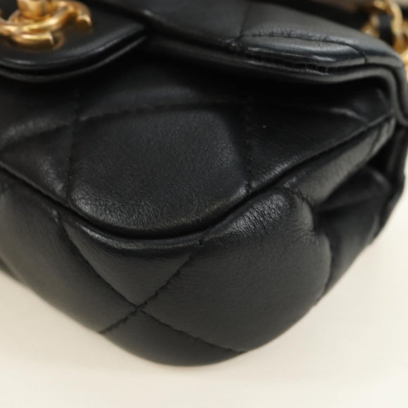 CHANEL Matelasse Chain Shoulder Pouch Lamb Skin 2way Black CC Auth 185439SAM