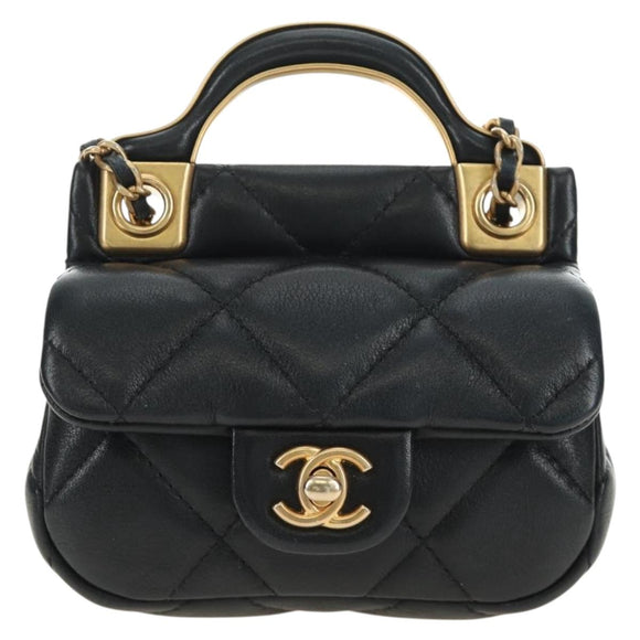 CHANEL Matelasse Chain Shoulder Pouch Lamb Skin 2way Black CC Auth 185439SAM
