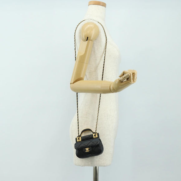 CHANEL Matelasse Chain Shoulder Pouch Lamb Skin 2way Black CC Auth 185439SAM